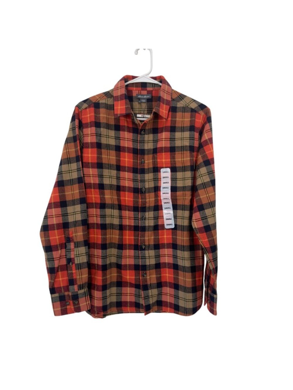 Eddie Bauer Mens Small Plaid Flannel Button Down Shirt Orange/Black/Beige